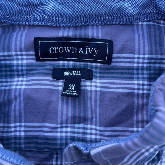 Crown & Ivy Mens 3XT Blue Plaid Classic Fit Button Down Preppy Long Sleeve - Picture 5 of 6